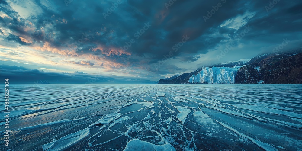 Fototapeta premium Frozen lake surface with intense weather clouds highlighting winter conditions, Earth Day