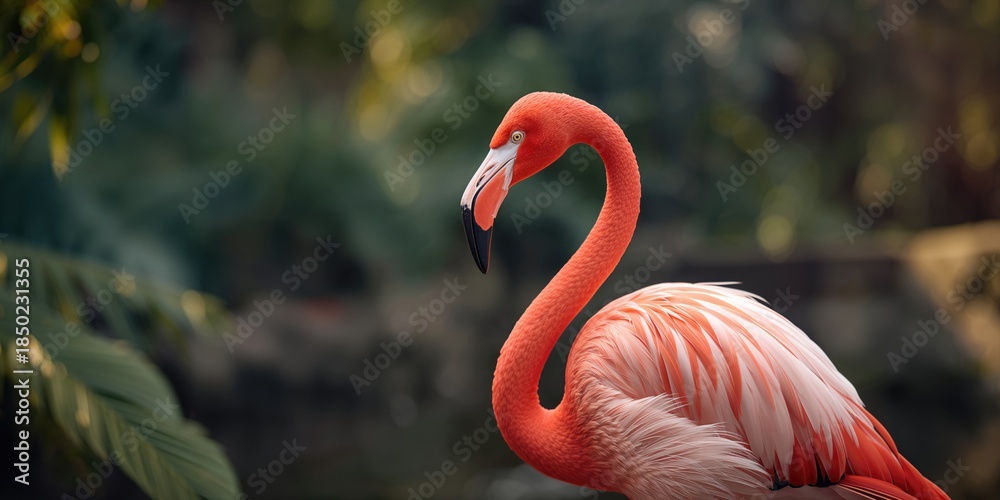 Fototapeta premium Pink flamingo resting on one leg in an outdoor zoo setting, highlighting bird behavior for educational display, International Day of Wildlife
