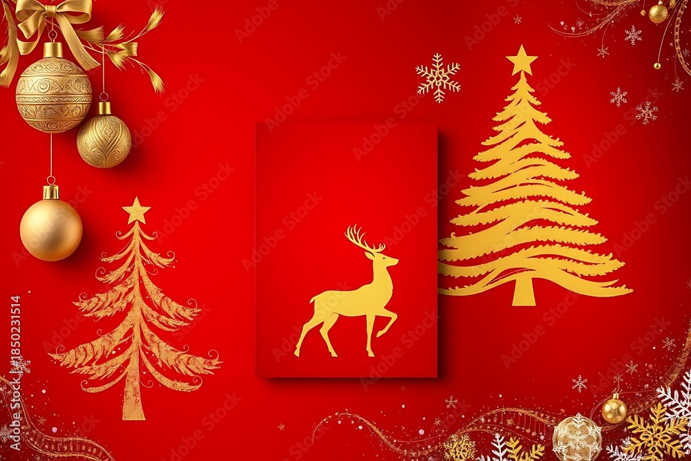 Naklejka premium christmas tree and reindeer on red background with gold decorations