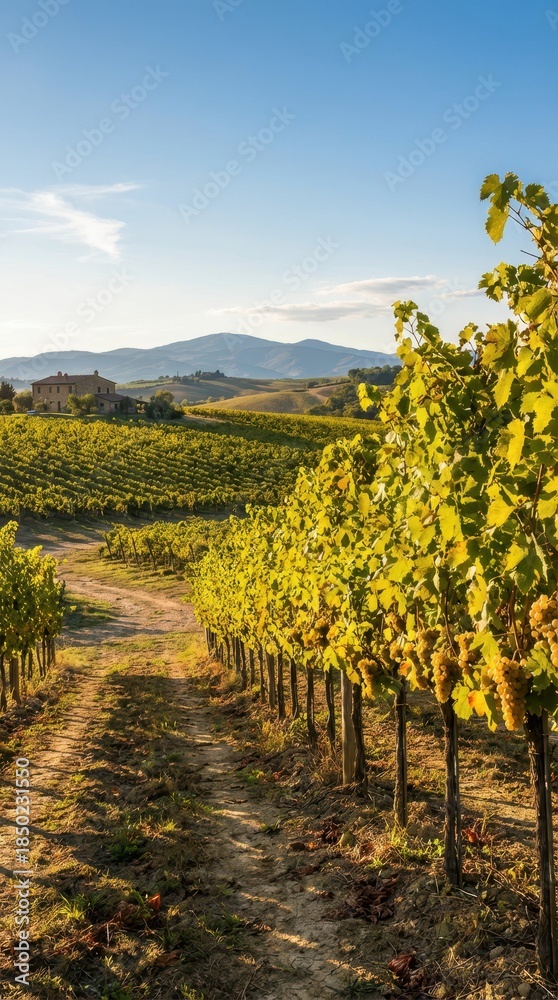 Naklejka premium Scenic Vineyard Landscape Under Clear Blue Sky with Rolling Hills