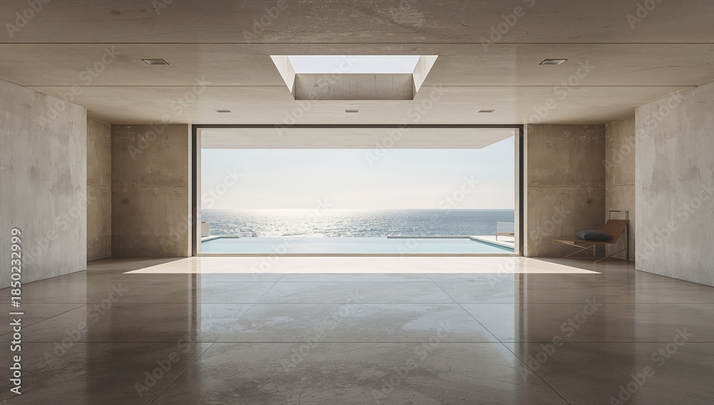 Obraz premium Contemporary coastal hotel interior with concrete flooring and ocean-facing swimming pool, ideal for interior layout planning