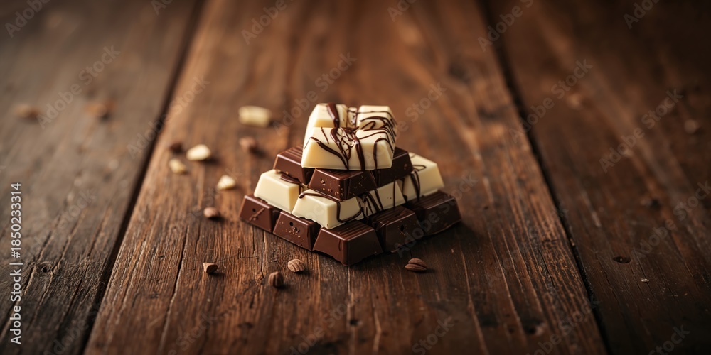 Fototapeta premium Assortment of white and dark chocolates placed on a rustic wooden backdrop, ideal for confectionery display or recipe photography