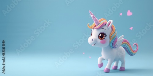 Colorful cartoon unicorn figure set against a blue backdrop, suitable for kids' storybooks and animations
