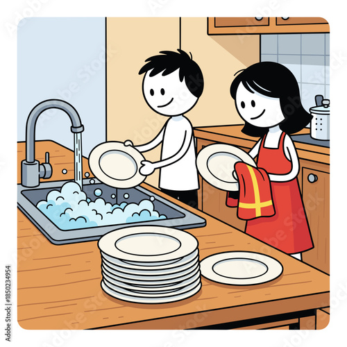 Couple washing dishes together in kitchen with soapy water  