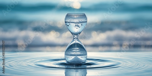 A glass of water with a dripping clock, water conservation and time awareness, World Water Day