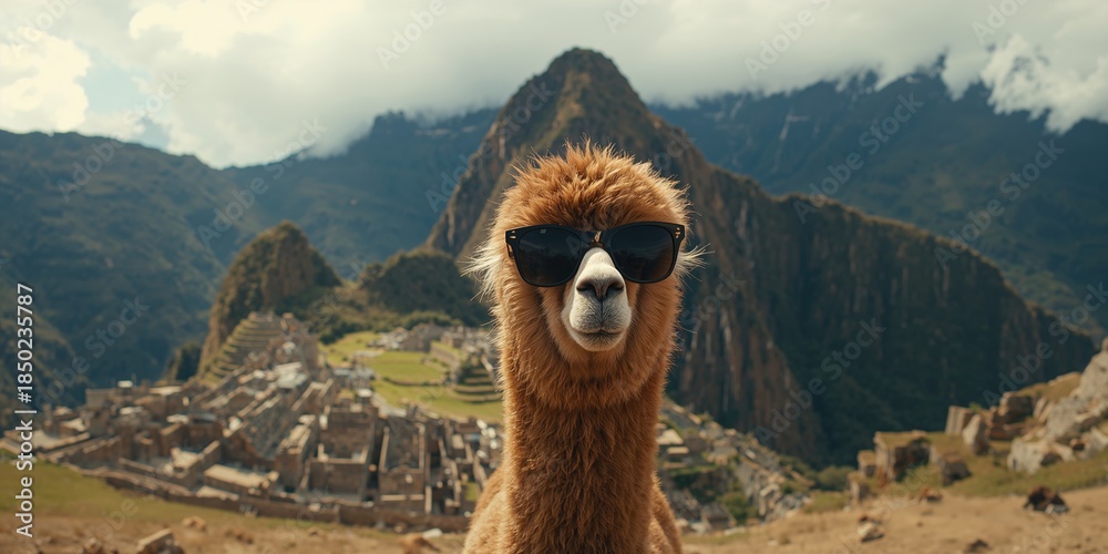 Fototapeta premium Llama pacos with humorous expression beside Vinicunca, highlighting high-altitude landscape in the Andes
