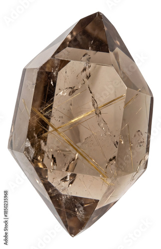 Smoky quartz featuring golden rutile inclusions within brown crystals.