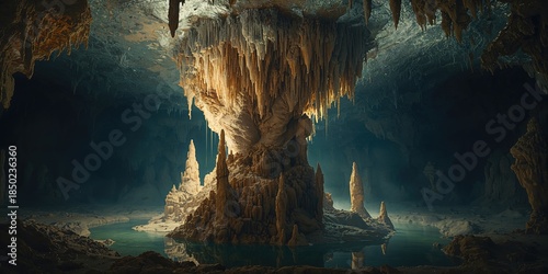 Cave stalactites and stalagmites, mineral growth patterns, natural erosion processes, Earth Day