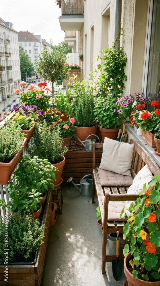 Fototapeta premium Lush Green Balcony Garden with Colorful Flowers and Cozy Bench