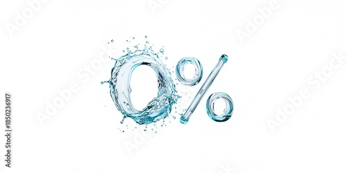 Water splash art creating the number zero and percent symbol on a white backdrop, ideal for UI backgrounds or data visualization