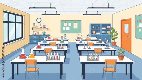 Interior of a wellequipped science classroom with lab tables and equipment