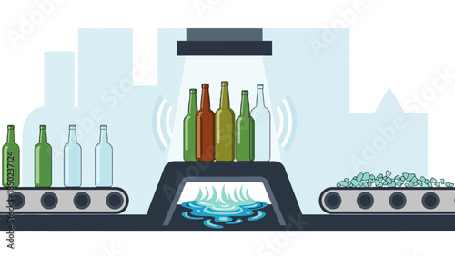 Robotic arms inspect bottles on a conveyor belt in a factory