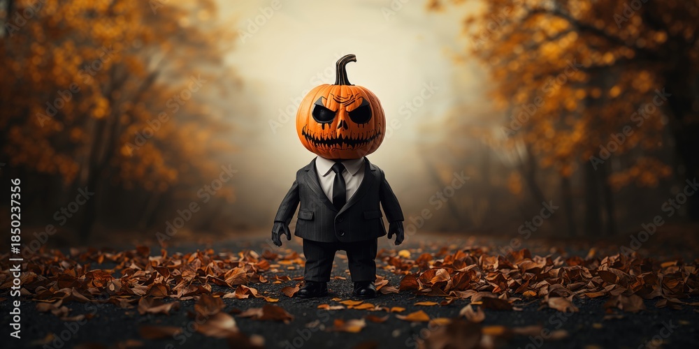 Halloween gourd wearing business clothing, used as seasonal decor or thematic prop