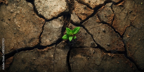Cracked soil with a young green sprout, ideal for nature-themed layout or editorial background, World Environment Day