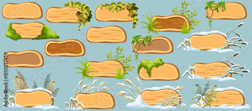 Cartoon game panels with swamp moss, forest lichen, liana branches, jungle leaves, ivy. Marsh reed under snow. Swamp cattails, fern winter. Broken weed and snowdrifts. Vector signboards, frames.