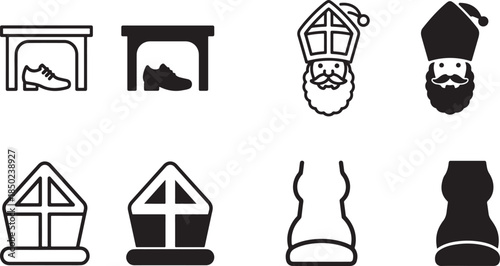 Black and white Christmas icons with Santa Claus and shoes