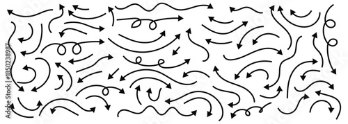 Collection of hand drawn doodle arrows with curved lines. Black thin line arrows indicating different direction. Doodle arrows isolated on white background.