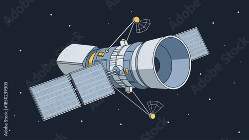 Satellite in orbit with solar panels and antennae against a starry night sky