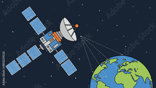 Satellite in orbit beaming signals towards Earth