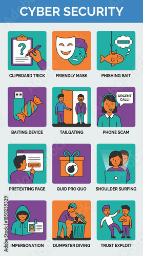 Icon Pack Depicting Cyber Security Concepts with Colorful Illustrations on Teal and Purple Backgrounds