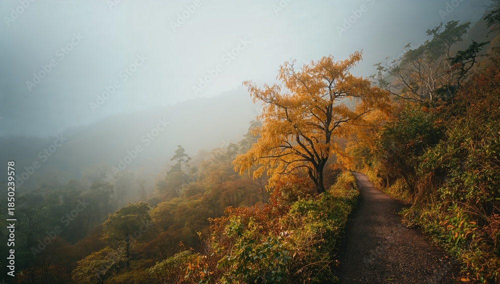 Naklejka premium Autumn scene on Taiwan Beech National Trail with fog and rain at Taipingshan Forest Park, highlighting seasonal change