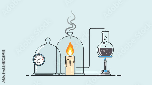 Scientific experiment with candle flask and gauge