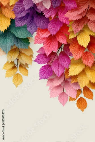 Bright autumn maple leaves in warm colors cascading against a pale background for fall decor