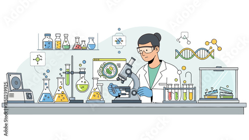 Scientist examining microscope in a lab with beakers and DNA model