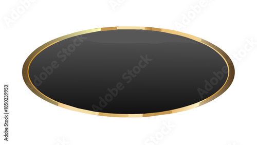 Sleek and glossy black oval button or badge with a golden metallic border, providing a sophisticated and elegant graphic element for user interfaces, branding, or decorative digital design projects