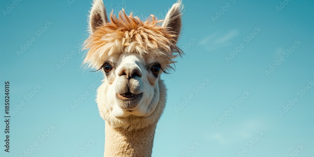 Obraz premium Alpaca with a fashionable haircut seen in a detailed portrait, highlighting fiber quality and grooming practices