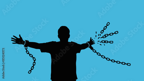 Silhouette of a person breaking chains on a blue background