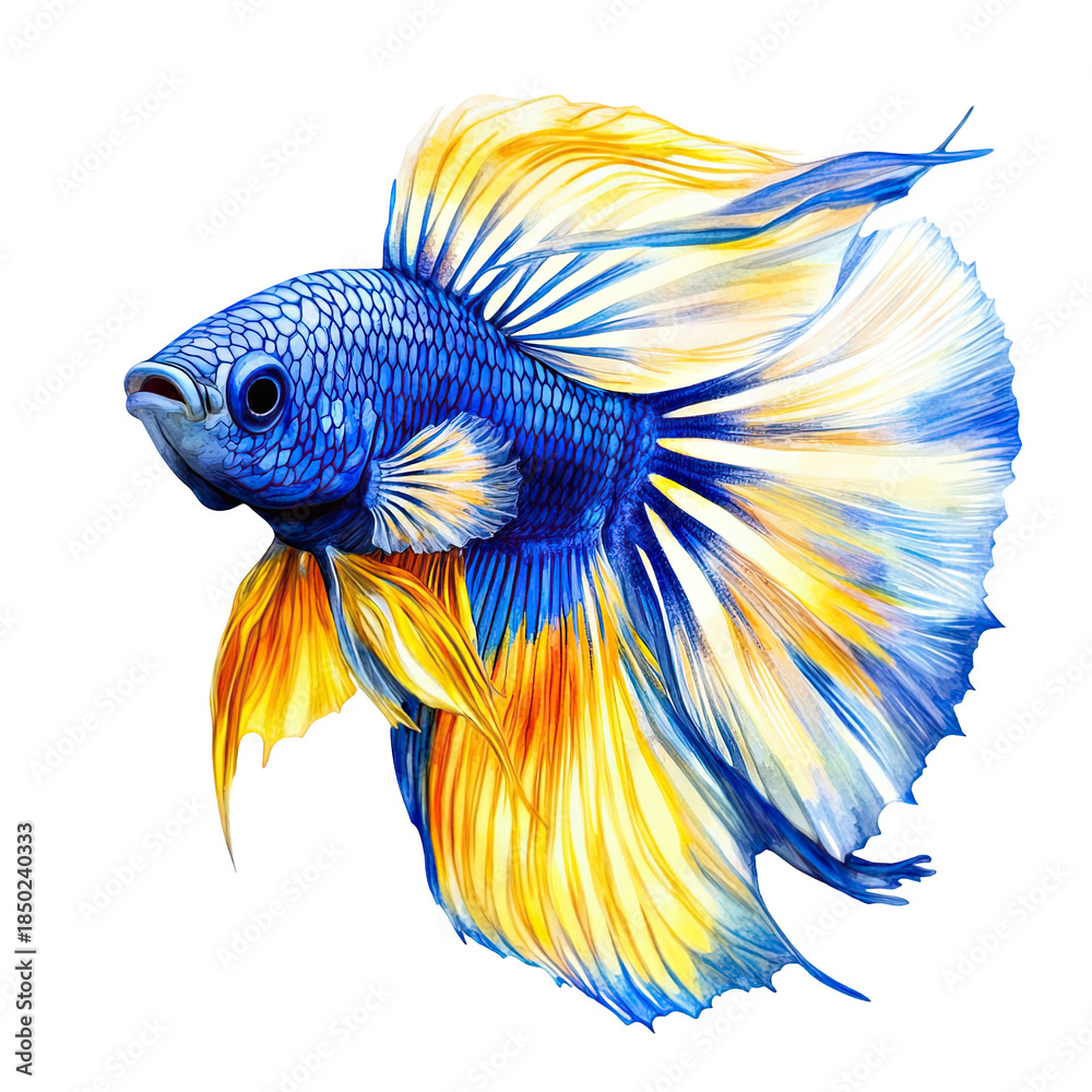 Fototapeta premium Vibrant blue and yellow betta fish swimming dynamically
