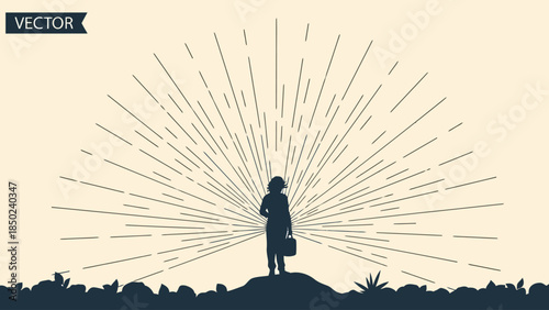 Silhouette of a person with a briefcase standing on a hill with sunburst lines behind them