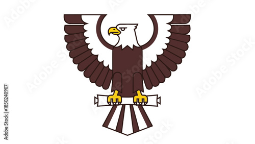 Stylized eagle with outstretched wings clutching a scroll