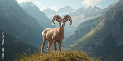 Fototapeta Naklejka Na Ścianę i Meble -  Young bighorn sheep during summer afternoon, highlighting animal development and outdoor environment