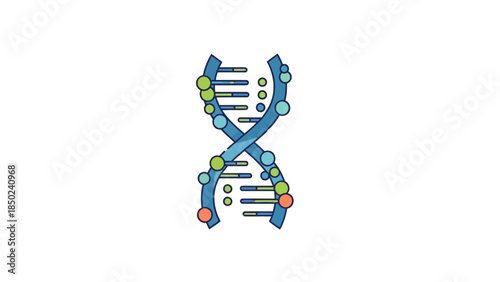 Stylized illustration of a blue double helix DNA strand with colored circles