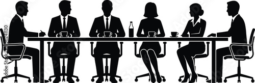 Business people meeting silhouettes at conference table with coffee showing corporate discussion teamwork isolated on white background