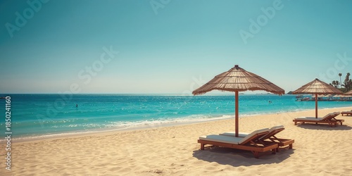 Wallpaper Mural Secluded beach scene featuring straw umbrellas and wooden sunbeds, suitable for leisure activities Torontodigital.ca