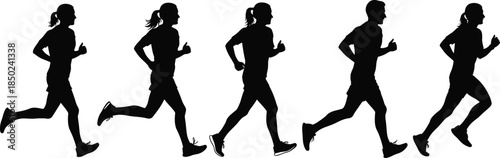 Female runners jogging motion sequence silhouettes showing endurance cardio fitness training isolated on dark background
