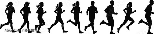Female runners jogging motion sequence silhouettes showing endurance fitness training isolated on dark background