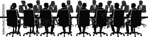 Large business meeting silhouettes showing corporate board discussion teamwork leadership professional conference isolated on white background