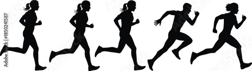 Male and female runners sprinting motion sequence silhouettes showing speed endurance fitness training isolated on white background