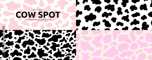 Cow Stain Spot Skin Pattern Set. Seamless Animal Texture with Milk Sport Print Kit. Vector Doodle Surface Design Bundle