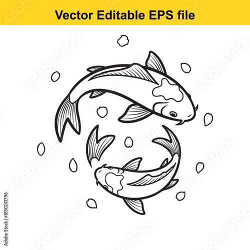  vector illustration of two koi fish swimming in a circular motion with water bubbles