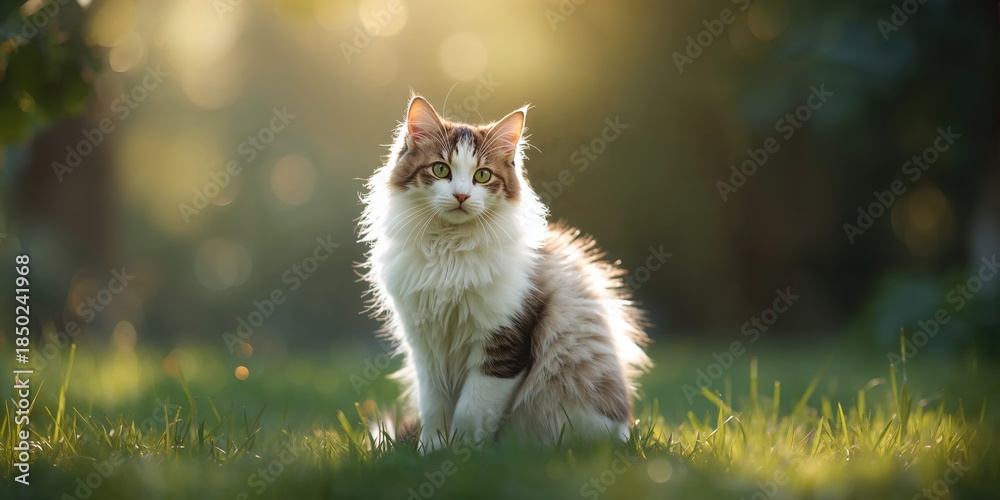 Obraz premium Young mongrel cat with thick fur, resting calmly, ideal for animal welfare or veterinary clinic visual