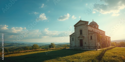 Ancient church building in rural Europe captured vertically with summer sky, scenic landscape, travel setting, suitable for editorial header