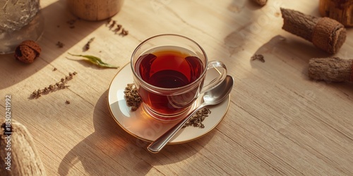Traditional brewed black tea in a glass cup with fresh tea leaves, used for UI backdrop or editorial headers, World Tea Day