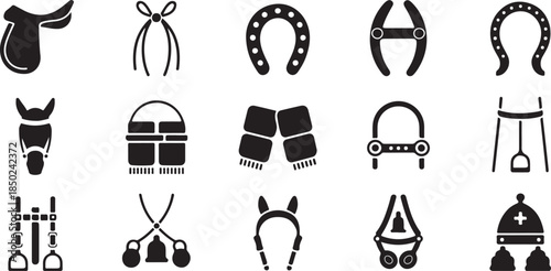 black and white horse riding equipment icons