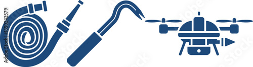 Firefighting and Drone Equipment Icons Including Hose Crowbar and Drone fire hose water hose
