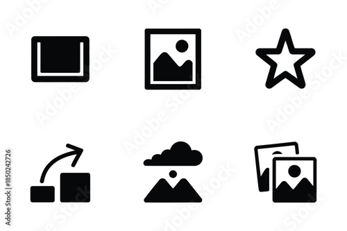 Collection of black icons for digital interfaces: image, star, upload, cloud, and photo gallery.